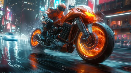 An action scene featuring a man riding a bicycle in a futuristic cyberpunk city. Dynamic scenes with motorcycle riding in a blockbuster style action movie.