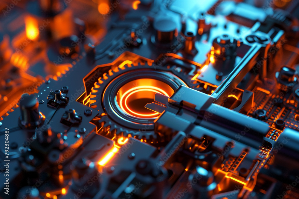 Poster close-up of a cyber key turning inside a complex 3d lock mechanism