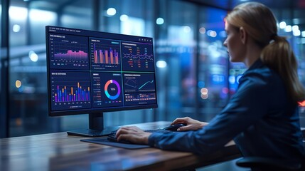 Analysts use computers and dashboards for business analysis, data and data management systems with KPIs and metrics connected to databases for finance, technology, operations, sales, marketing.