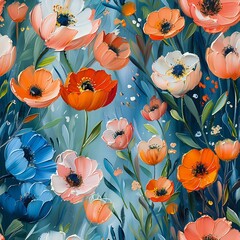 Impressionistic Floral Tapestry with Modern Botanical Illustration
