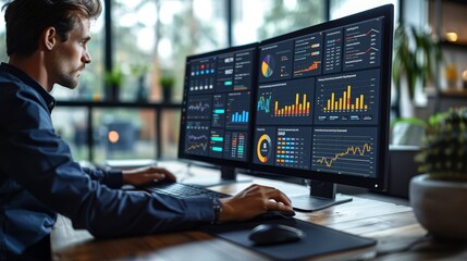 Analysts use computers and dashboards for business analysis, data and data management systems with KPIs and metrics connected to databases for finance, technology, operations, sales, marketing.