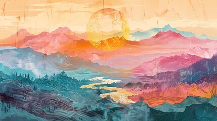 Fototapeta na wymiar Traditional Chinese style lakeside sunrise scenery illustration poster background
