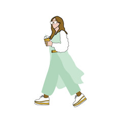 Woman with take away coffee cup walking o n white background.