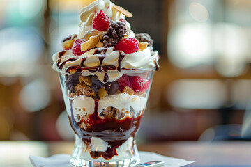 Close-up of a decadent ice cream sundae with layers of toppings, sauces, and whipped cream, indulgent and tempting