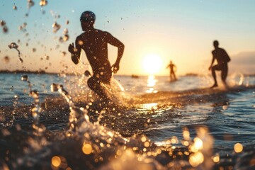 Athletes swimming, running, and biking, A male triathlete running out of the water, AI generated