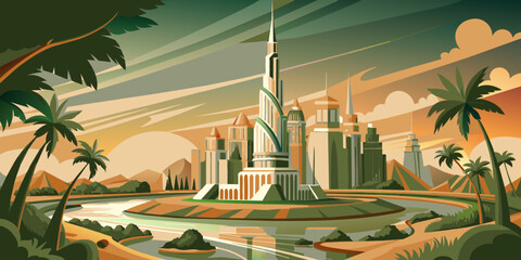 background illustration of skyscrapers in dubai in flat style