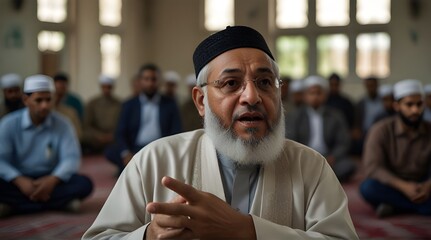 Muslims religious leader Imam or emam has a speech on friday afternoon prayer in a mosque.generative.ai - obrazy, fototapety, plakaty