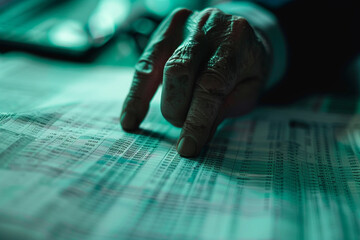 Close-up of a financial analyst reviewing a dense spreadsheet of economic indicators - obrazy, fototapety, plakaty