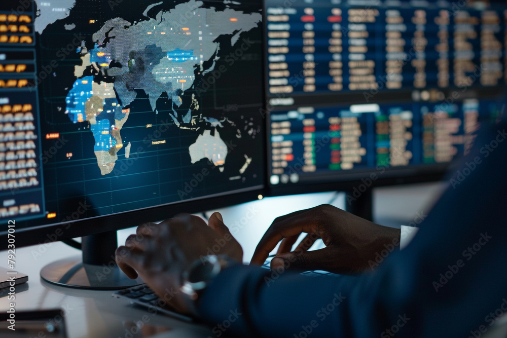 Poster close-up of a financial analyst's hands navigating a world financial market dashboard on a computer