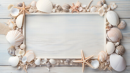 A nautical-themed frame adorned with seashells and rope, perfect for beach or seaside photos, with a blank center space for text