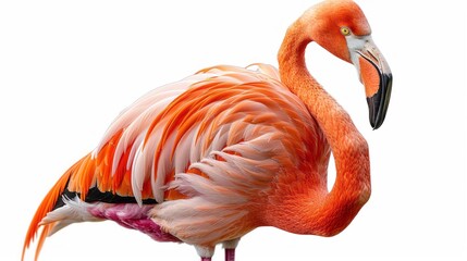 Majestic white and pink flamingo with its heart-shaped neck and elegant standing posture, one leg raised gracefully against a pure white backdrop.