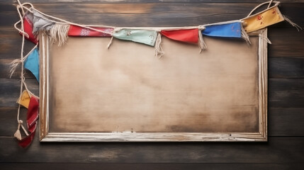 A rustic wooden frame adorned with twine and miniature flags, with a blank center space for text