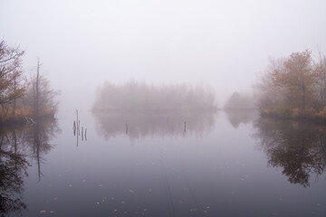 This image exudes a serene stillness, depicting a lake shrouded in thick morning mist. The calm...