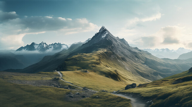 A scenic mountain vista with a winding trail leading towards a central peak, leaving room for text overlay