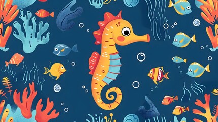 Colorful Underwater Scene with Seahorse, Tropical Fish, Coral Reefs, Playful Whimsical Marine Life Illustration