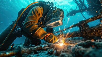 Underwater welders working at Sparks turn on lights on the seabed to repair submerged structures. Underwater welding by professional divers - obrazy, fototapety, plakaty