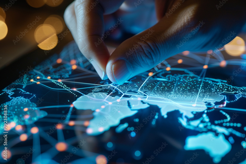 Poster close-up of a hand creating a flowchart on a tablet, representing sustainable global trade routes