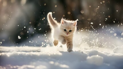 White Kitten Running In Snow (Generative AI)