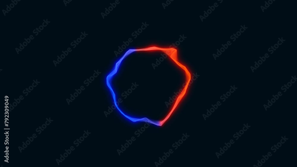 Poster animated neon chaotically rotating sphere frame. random plexus of lines. fire and ice. flexible circ