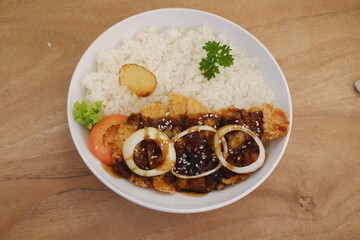 japanese food, fried chicken in teriyaki sauce with rice