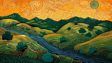 Schilderijen op glas Rapeseed field and house landscape oil painting illustration poster background © jinzhen