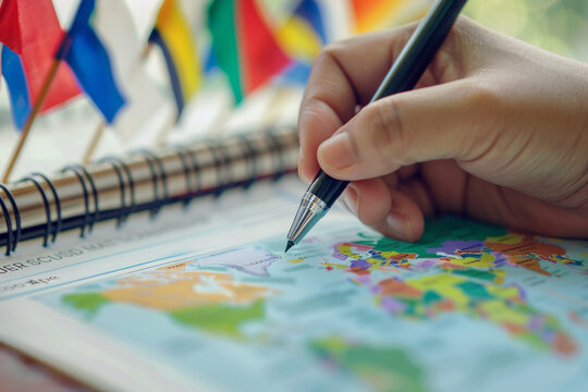 Close-up of a hand writing a list of sustainable business practices, with flags of various countries around the edges