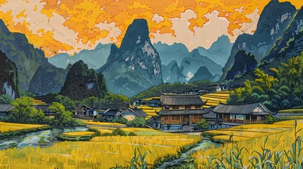 Foto op Plexiglas Rapeseed field and house landscape oil painting illustration poster background © jinzhen