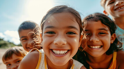 A selfie-style photo of a group of smiling children enjoying the outdoors, with a sense of friendship and joy.
