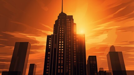 Elegant skyscraper silhouette against a sunset sky, echoing Art Deco architecture's grandeur and sleek lines. - obrazy, fototapety, plakaty