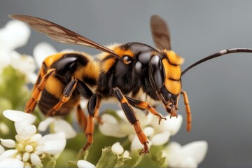 'hornet also known white asian yellow vespa velutina wasp closeup power strength insect black extinction bee apiarist apiculture background death dangerous climate change biology invasive fauna'