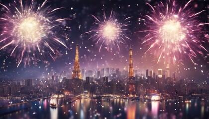 Fototapeta premium 'Image confetti Fireworks World Year's Celebration Cities Landmarks New Background Illustration year scene city landmark night sky earth globa'