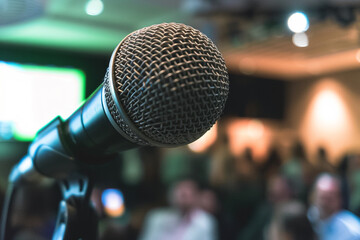 Close-up of a microphone at a financial technology conference spotlighting discussions on how fintech innovations are reshaping the economic landscape