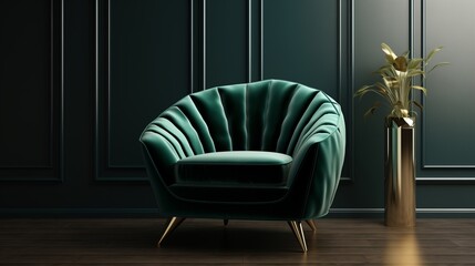Elegantly crafted Art Deco armchair featuring sumptuous velvet upholstery and a refined angular design, captured in a mesmerizing 3D visualization.