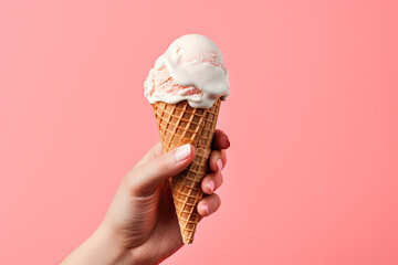 Female hand holding big ice cream cone on pink background