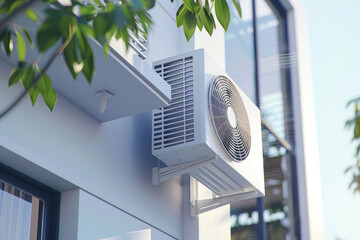 White air conditioner fan mounted on a wall house