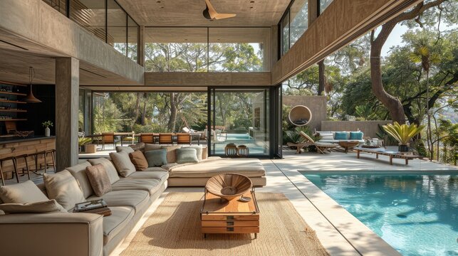 Indoor-outdoor Connection: The living room blurs the line between indoor and outdoor spaces, creating a seamless connection with nature. stock photo
