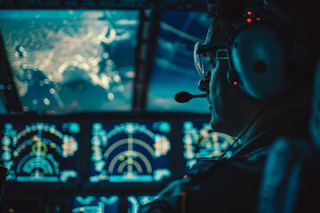 Close-up of a pilot in a cargo plane cockpit, screens showing global flight routes for logistics