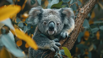 Koala Zen: Tree Lounge and Leaf Munch in 4K Beauty - obrazy, fototapety, plakaty