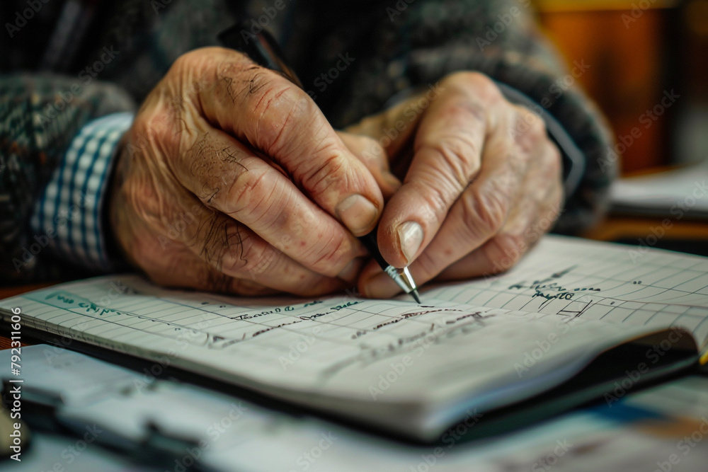Poster close-up of a policy maker's hand writing notes on a report about quantitative easing measures