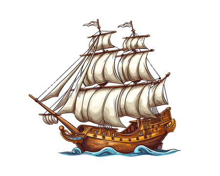 recommend clip art: Ornate wooden tall ship in full sail on calm seas, rendered in detailed vector art. Generative AI