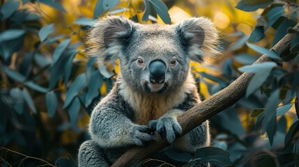 Naklejka premium Koala Bear Sit On The Branch of the tree and eat leaves 4K Wallpaper