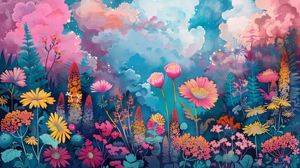 Fototapeta na wymiar flower field and pink clouds illustration poster web background