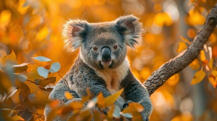 Obraz premium Koala Bear Sit On The Branch of the tree and eat leaves 4K Wallpaper