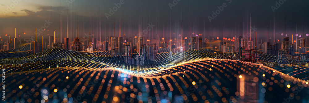 Poster smart city and abstract dot point connect with gradient line and aesthetic intricate wave line desig
