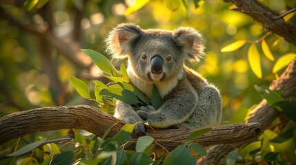 Fototapeta premium Majestic Koala: Tree Perch and Leaf Feast - 4K Background