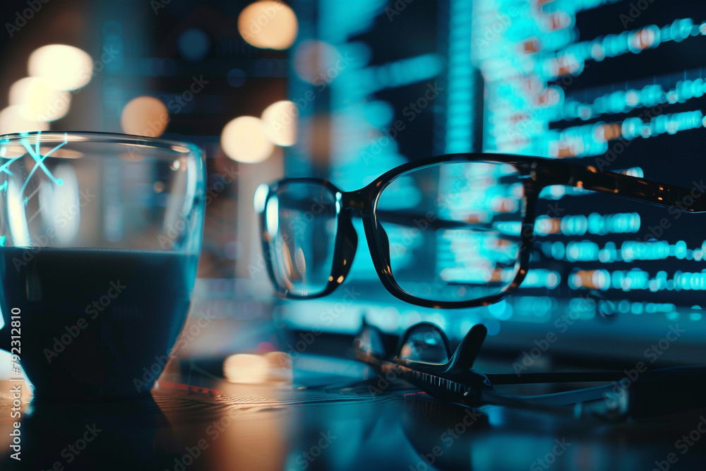 Aufkleber close-up of a software developer's screen showing complex code, with glasses and a cup of coffee in 