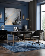 A modern home office elegantly appointed with blue decor elements, reflecting a calm, stylish atmosphere