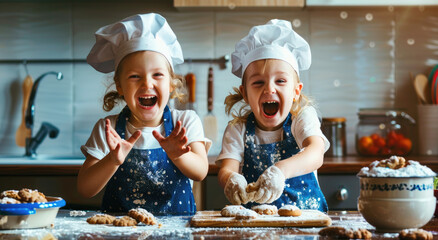 two children wearing aprons and chef hats, laughing while baking cookies in the kitchen at home