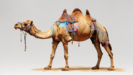 an image of a camel standing on a sandy surface against a white background. The camel is tan and has a red and white saddle with various decorations on it.