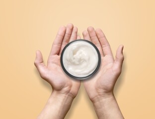 On the woman palm moisturizing cream in bottle mockup